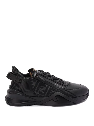 Fendi Men Leather Flow Sneakers With Ff Jacquard Fabric Inserts In Black