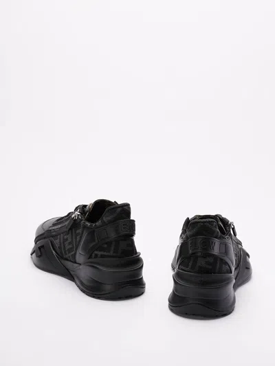 Fendi Men Leather Flow Sneakers With Ff Jacquard Fabric Inserts In Black