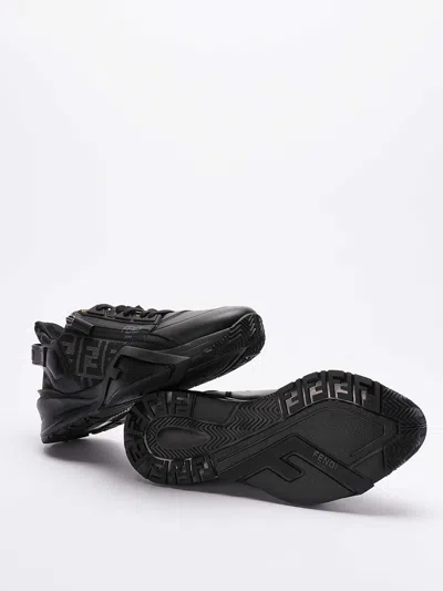 Fendi Men Leather Flow Sneakers With Ff Jacquard Fabric Inserts In Black