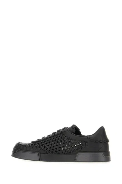 Dolce & Gabbana Round Toe Leather Low Top Sneakers In Black+black