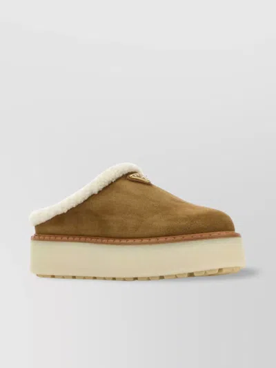 Prada Shearling Lining Suede Slippers In Neutral