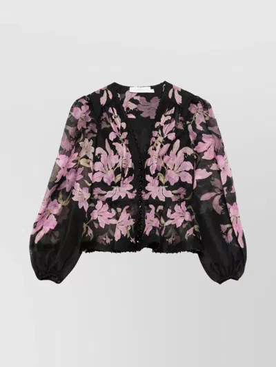 Zimmermann Dawning Beaded Linen V-neck Shirt In Black/multi