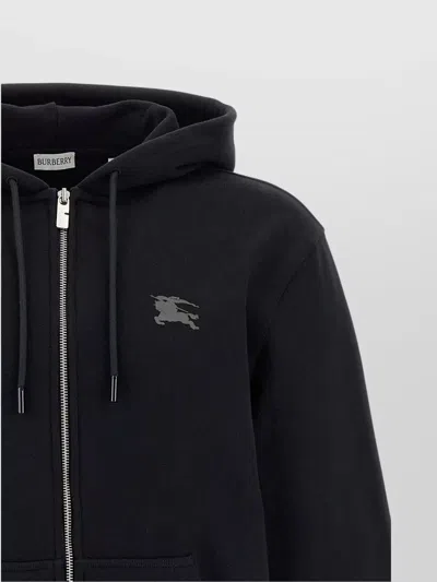 Burberry Check Trim Zip-up Drawstring Hoodie In Black