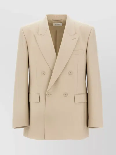 Saint Laurent Double-breasted Blazer With Buttoned Cuffs In Beige