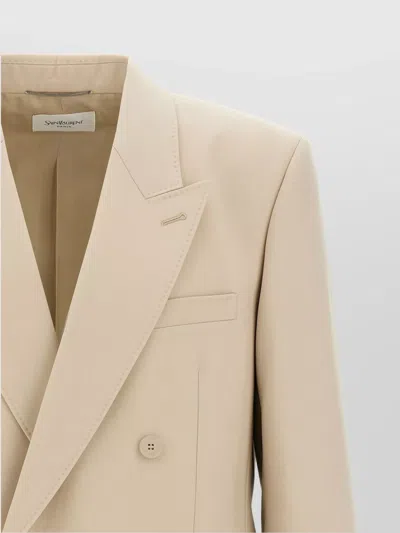 Saint Laurent Double-breasted Blazer With Buttoned Cuffs In Beige