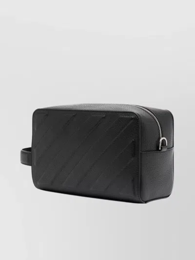 Off-white Diagonal Stripe Embossed Leather Pouch With Side Handle