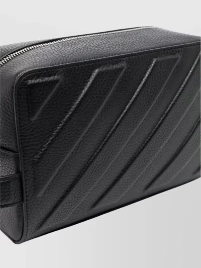 Off-white Diagonal Stripe Embossed Leather Pouch With Side Handle