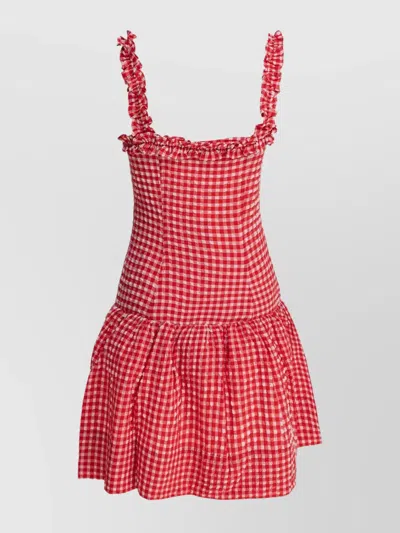 Ganni Stretch Seersucker Strap Ruffle Mini Dress In Pink