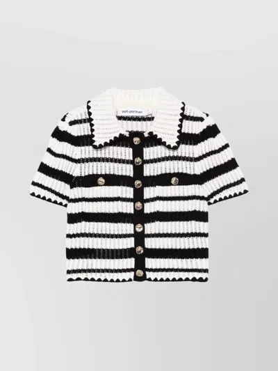 Self-portrait Black And White Striped Crochet Top In Beige