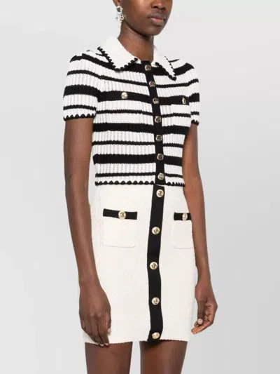 Self-portrait Black And White Striped Crochet Top In Beige