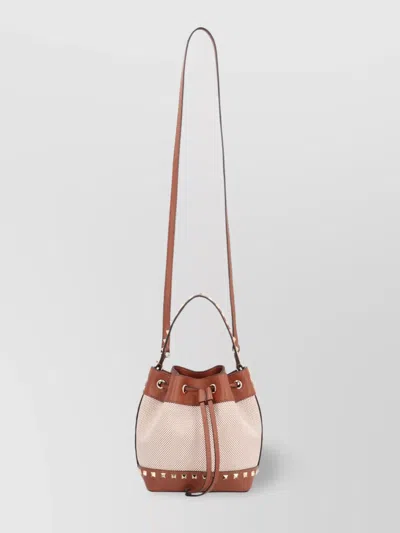 Valentino Garavani Rockstud Spike Canvas And Leather Shoulder Bag In Brown