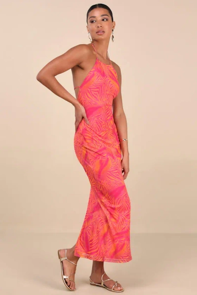 Lulus Camadi Hot Pink Animal Print Mesh Backless Midi Dress In Hot Pink