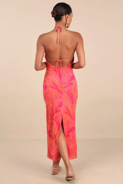 Lulus Camadi Hot Pink Animal Print Mesh Backless Midi Dress In Hot Pink