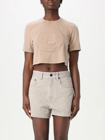 Fendi Beige Washed-out Cropped T-shirt With Logo In Neutral