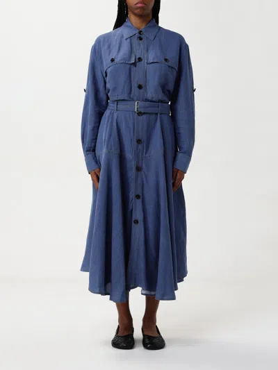 Bottega Veneta Flared Skirt Belted Midi Dress In Blue