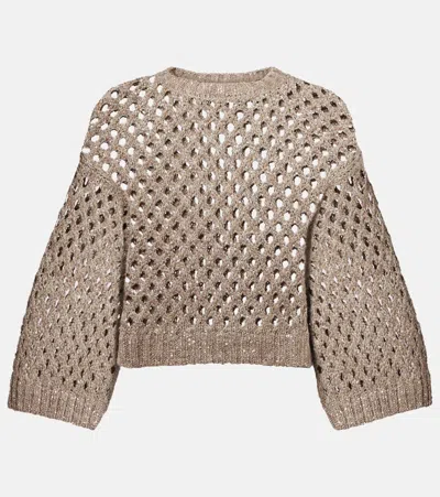Brunello Cucinelli Cropped Open-knit Crewneck Sweater In Brown