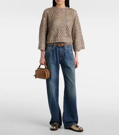 Brunello Cucinelli Cropped Open-knit Crewneck Sweater In Brown