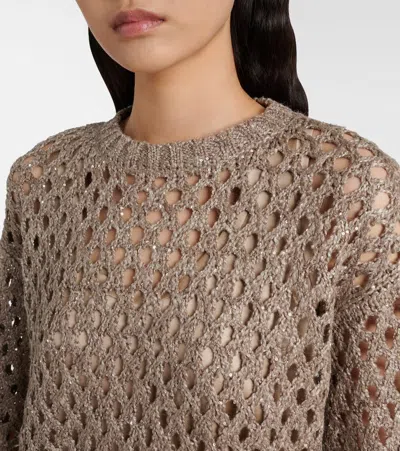 Brunello Cucinelli Cropped Open-knit Crewneck Sweater In Brown