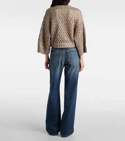 Brunello Cucinelli Cropped Open-knit Crewneck Sweater In Brown