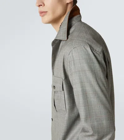 Dunhill Mens Windowpane-check Regular-fit Merino-wool Overshirt Light Grey In Grey