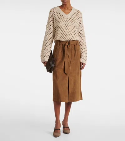 Brunello Cucinelli Beige Silk And Linen Dazzling Net Sweater In Beige
