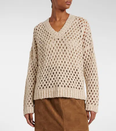 Brunello Cucinelli Beige Silk And Linen Dazzling Net Sweater In Beige