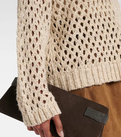 Brunello Cucinelli Beige Silk And Linen Dazzling Net Sweater In Beige
