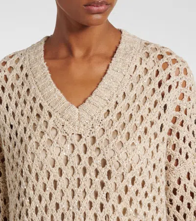 Brunello Cucinelli Beige Silk And Linen Dazzling Net Sweater In Beige