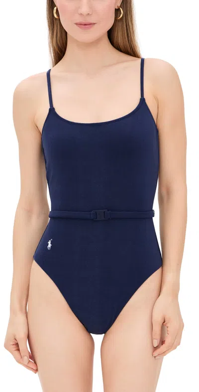 Polo Ralph Lauren Kennedy Belted One Piece Swimsuit In Blue