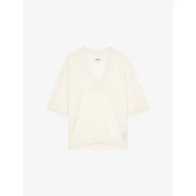Zadig & Voltaire Womens Wully Rhinestone Knitted Top In Stone