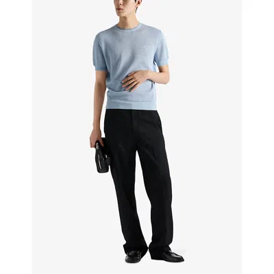 Prada Men's Short-sleeved Perforated Shirt In Light Blue