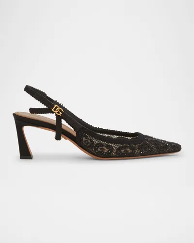 Dolce & Gabbana Leopard-design Lace Slingbacks With Fusible Rhinestones In Black