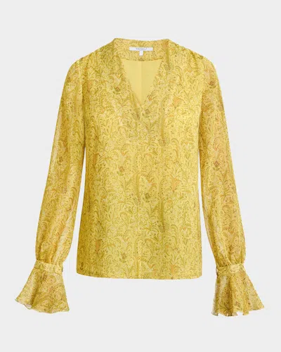 Santorelli Rue Long Sleeve Blouse With Ruffled Cuffs In Paisley Printed Crinkle Georgette In Chamomile Multi