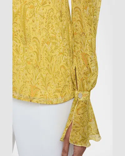Santorelli Rue Long Sleeve Blouse With Ruffled Cuffs In Paisley Printed Crinkle Georgette In Chamomile Multi