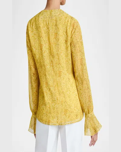 Santorelli Rue Long Sleeve Blouse With Ruffled Cuffs In Paisley Printed Crinkle Georgette In Chamomile Multi