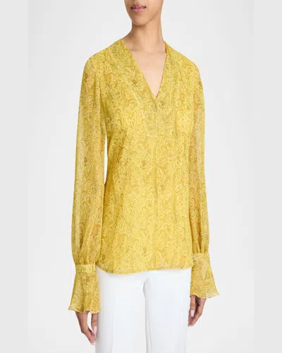 Santorelli Rue Long Sleeve Blouse With Ruffled Cuffs In Paisley Printed Crinkle Georgette In Chamomile Multi
