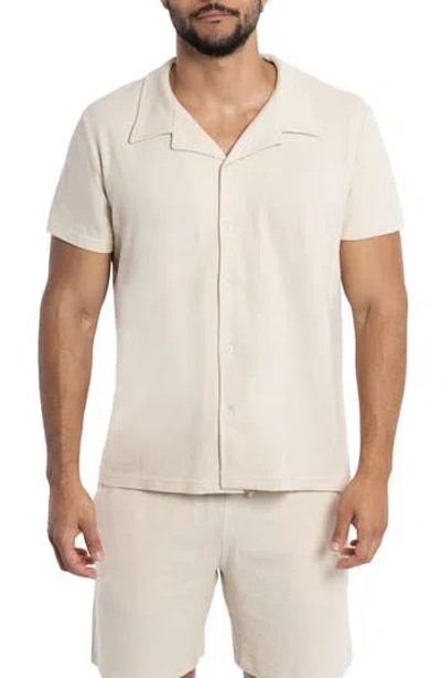 Spring + Mercer Relaxed Cotton & Hemp Button-down Polo In Stone