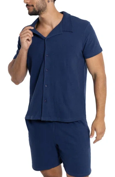 Spring + Mercer Relaxed Cotton & Hemp Button-down Polo In Midnight Blue