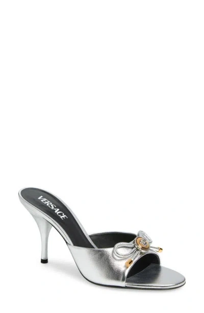 Versace Opera Bow 85 Metallic Leather Mules In Silver