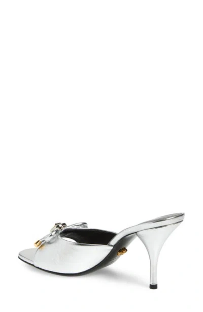 Versace Opera Bow 85 Metallic Leather Mules In Silver