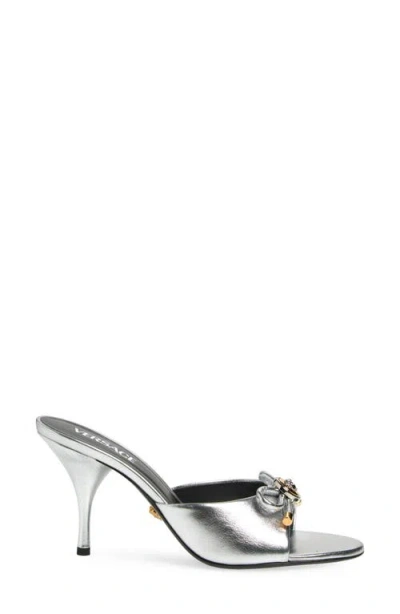Versace Opera Bow 85 Metallic Leather Mules In Silver