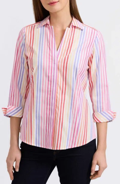 Foxcroft Taylor Stripe Cotton Button-up Shirt In Pink Multi