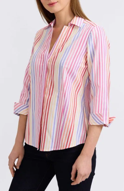 Foxcroft Taylor Stripe Cotton Button-up Shirt In Pink Multi