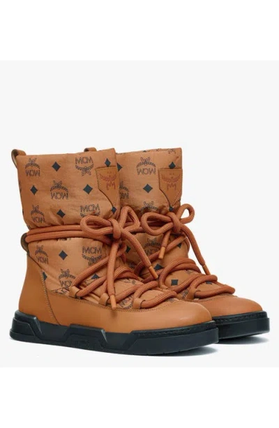Mcm Skyward Ankle Boots In Padded Monogram Nylon In Cognac