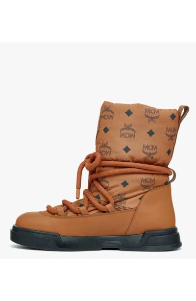 Mcm Skyward Ankle Boots In Padded Monogram Nylon In Cognac