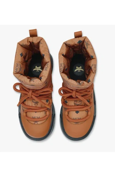 Mcm Skyward Ankle Boots In Padded Monogram Nylon In Cognac