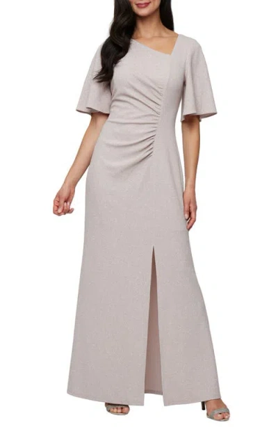 Sl Fashions Asymmetric Flutter Sleeve Ruched Shimmer Crepe Gown In Buff