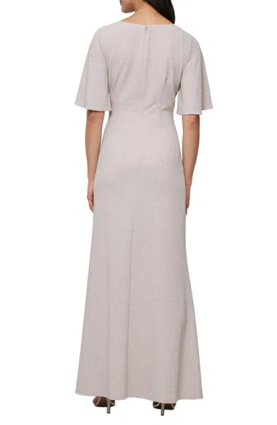 Sl Fashions Asymmetric Flutter Sleeve Ruched Shimmer Crepe Gown In Buff