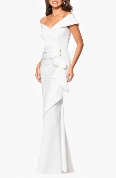 Xscape Evenings Ruffle Off The Shoulder Scuba Gown In White