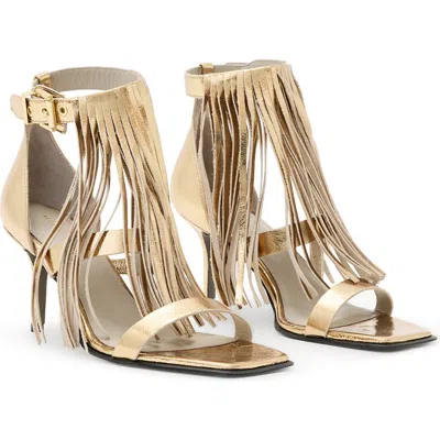 Allsaints Paola Met Leather Fringe Heeled Sandals In Gold
